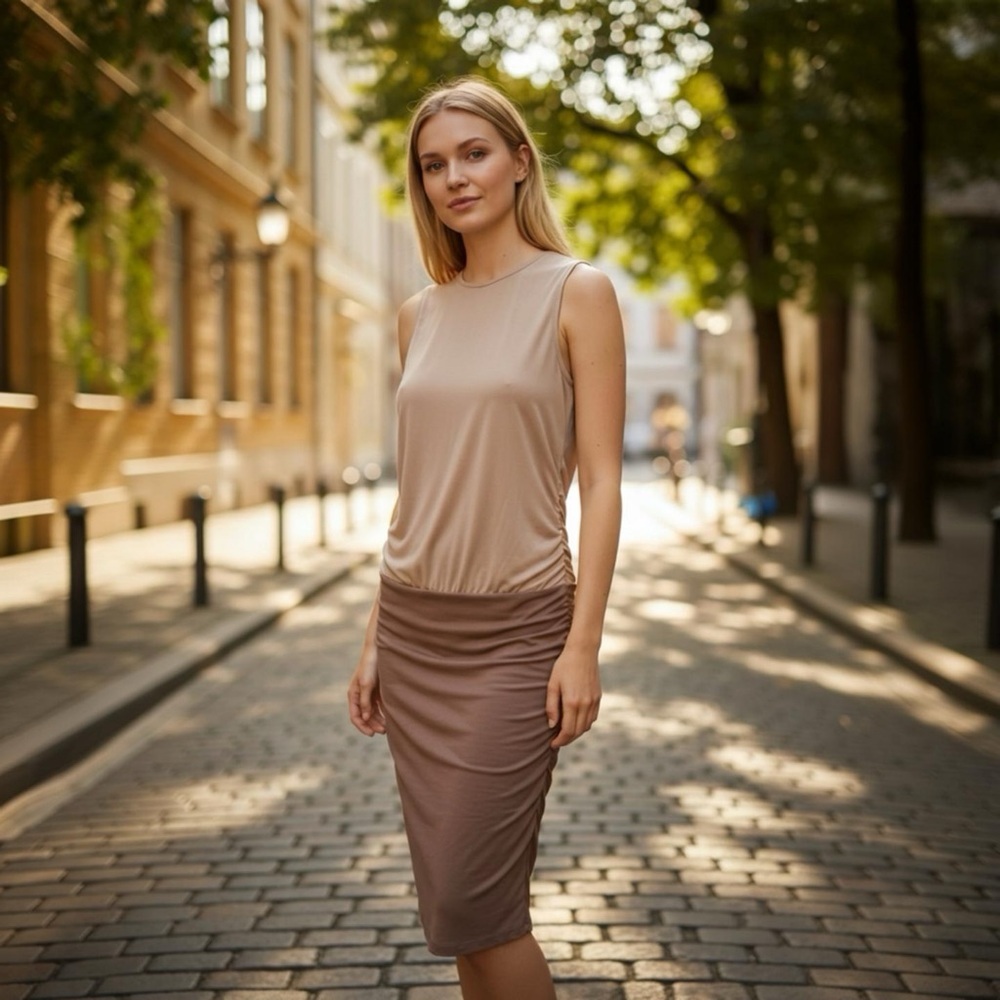 Ronny Kobo Collection Two-Tone Tan Midi Dress